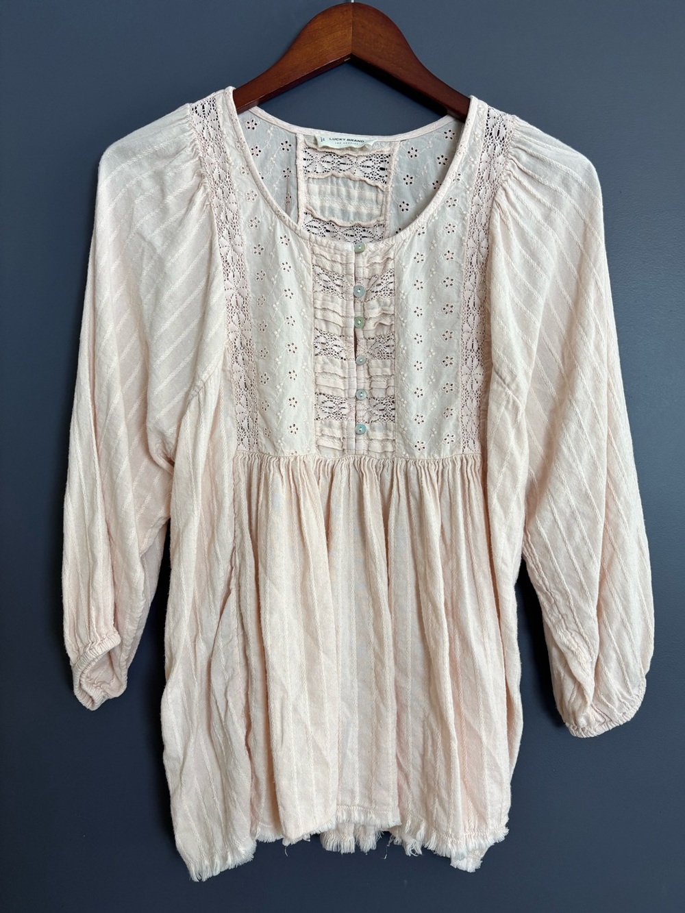 Lucky Brand Lace Yoke Tunic Top Cotton Viscose Peach Whip Medium Cottage Prairie - Picture 2 of 14
